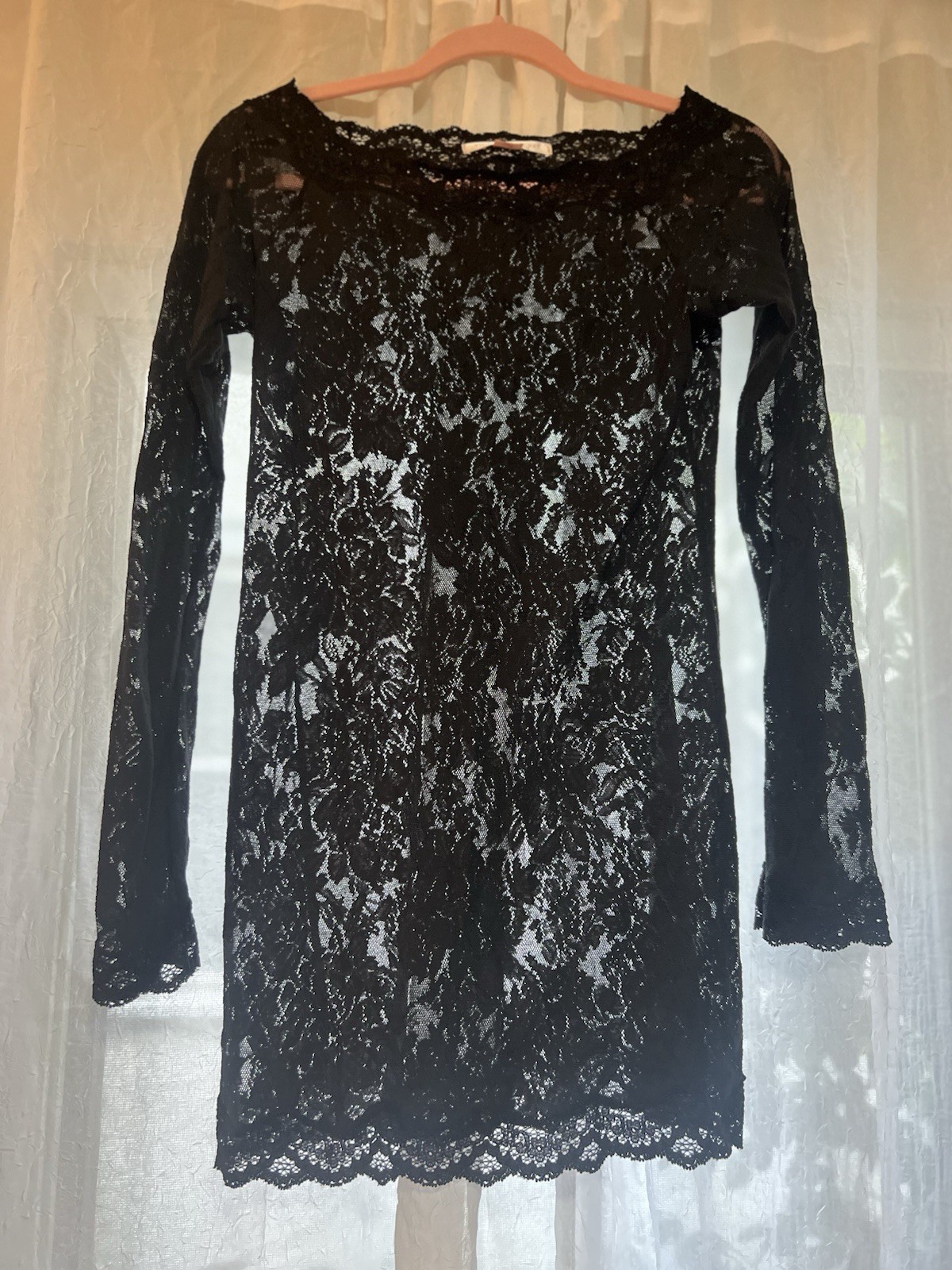 Vtg Y2K Victoria Secret Black Lace Lingerie Dress Bell Sleeves Large