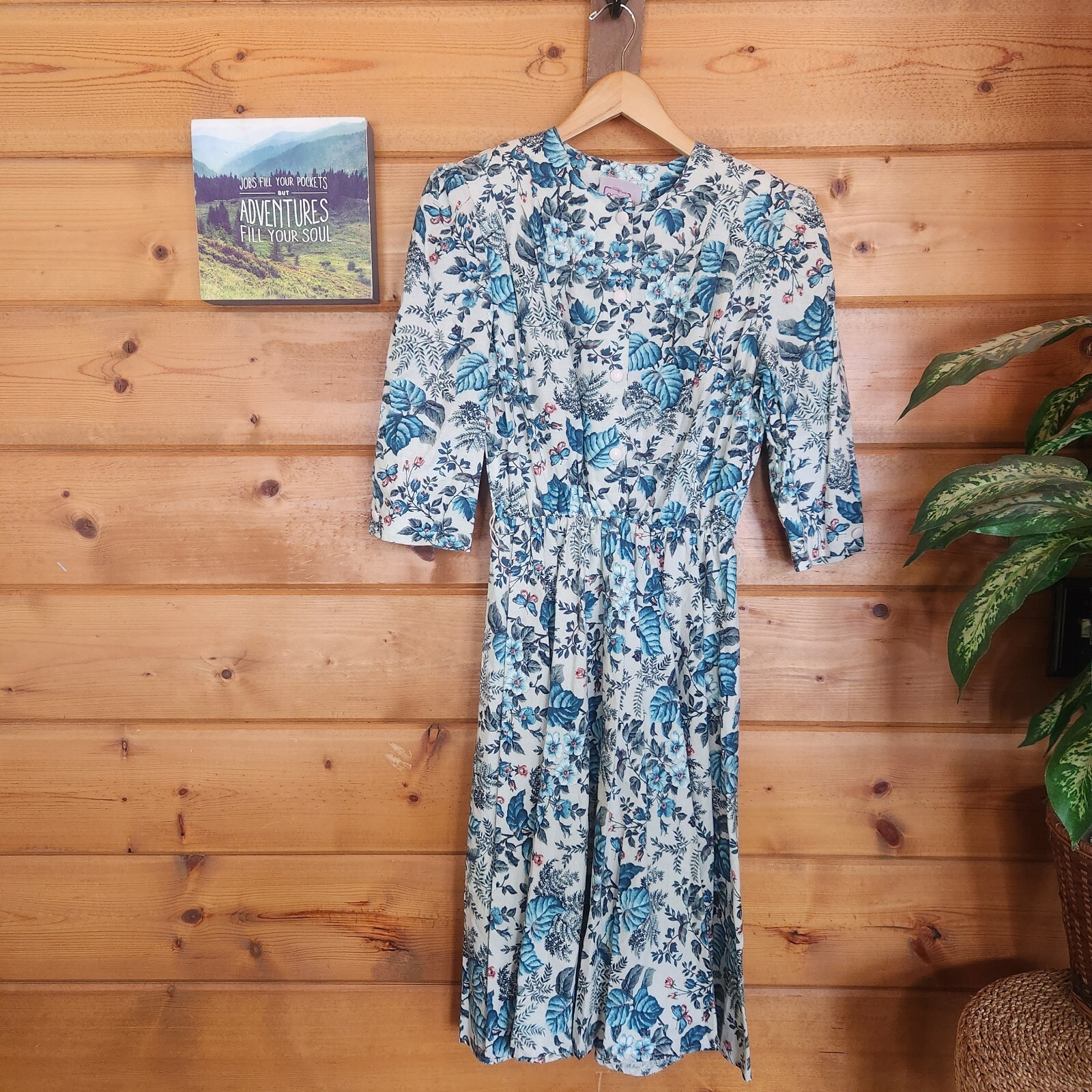 California Looks Vintage Floral Puff 3/4 Midi Tea Dress Linen Blend Pleat Sz 10P