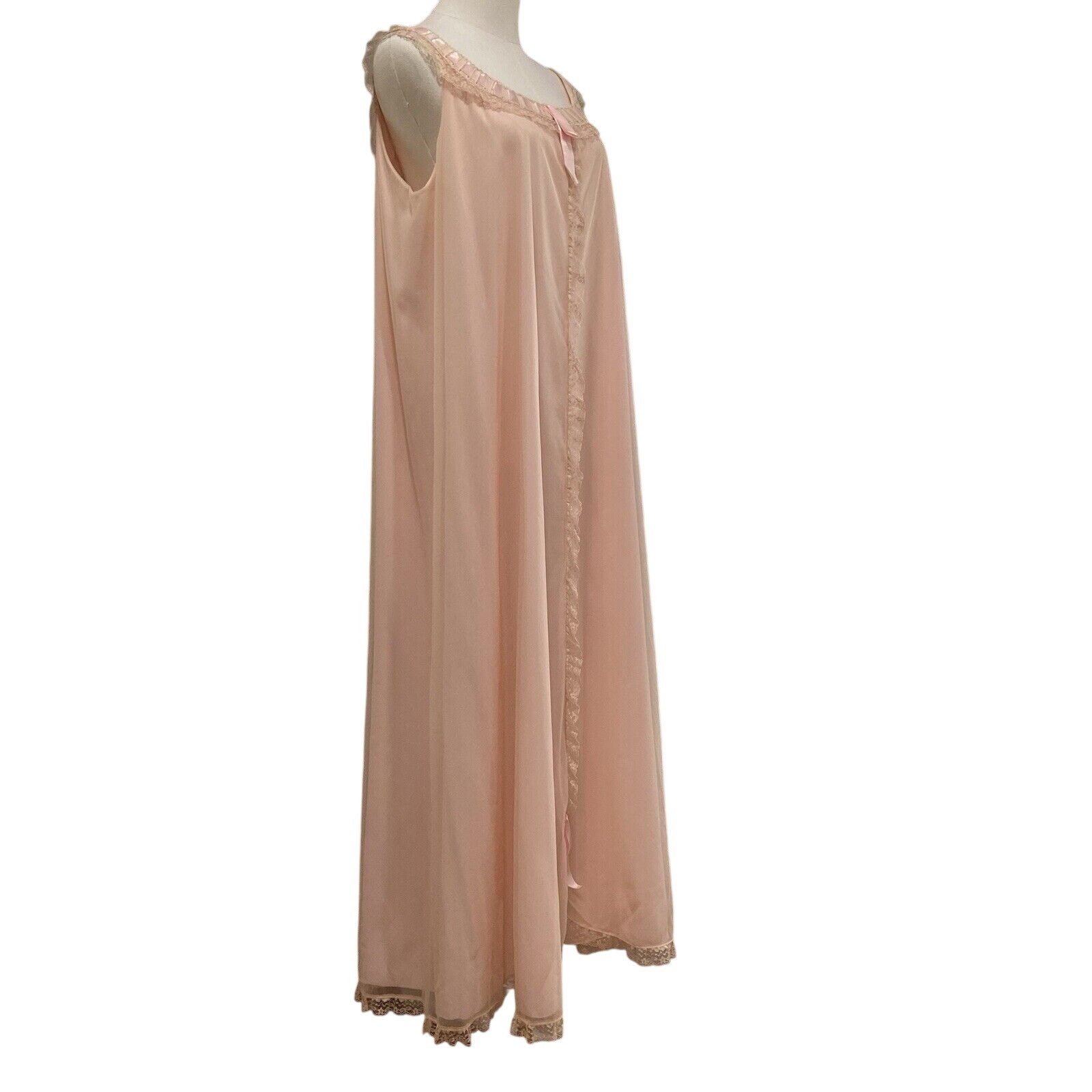 Vintage 60s Odette Barsa Pink Nylon Chiffon Ribbon Lace Maxi Nightgown Size M