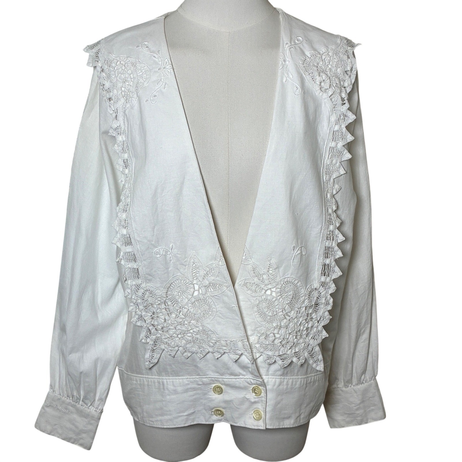 Vintage Paper White Embroidered Lace Open Front Linen Cotton Blouse Jacket 6