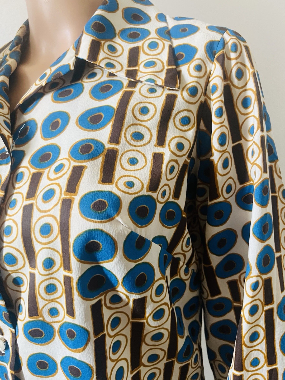 VTG 70s Disco Bold Geometric Circles Big Collar Blouse Graff Californiawear Top