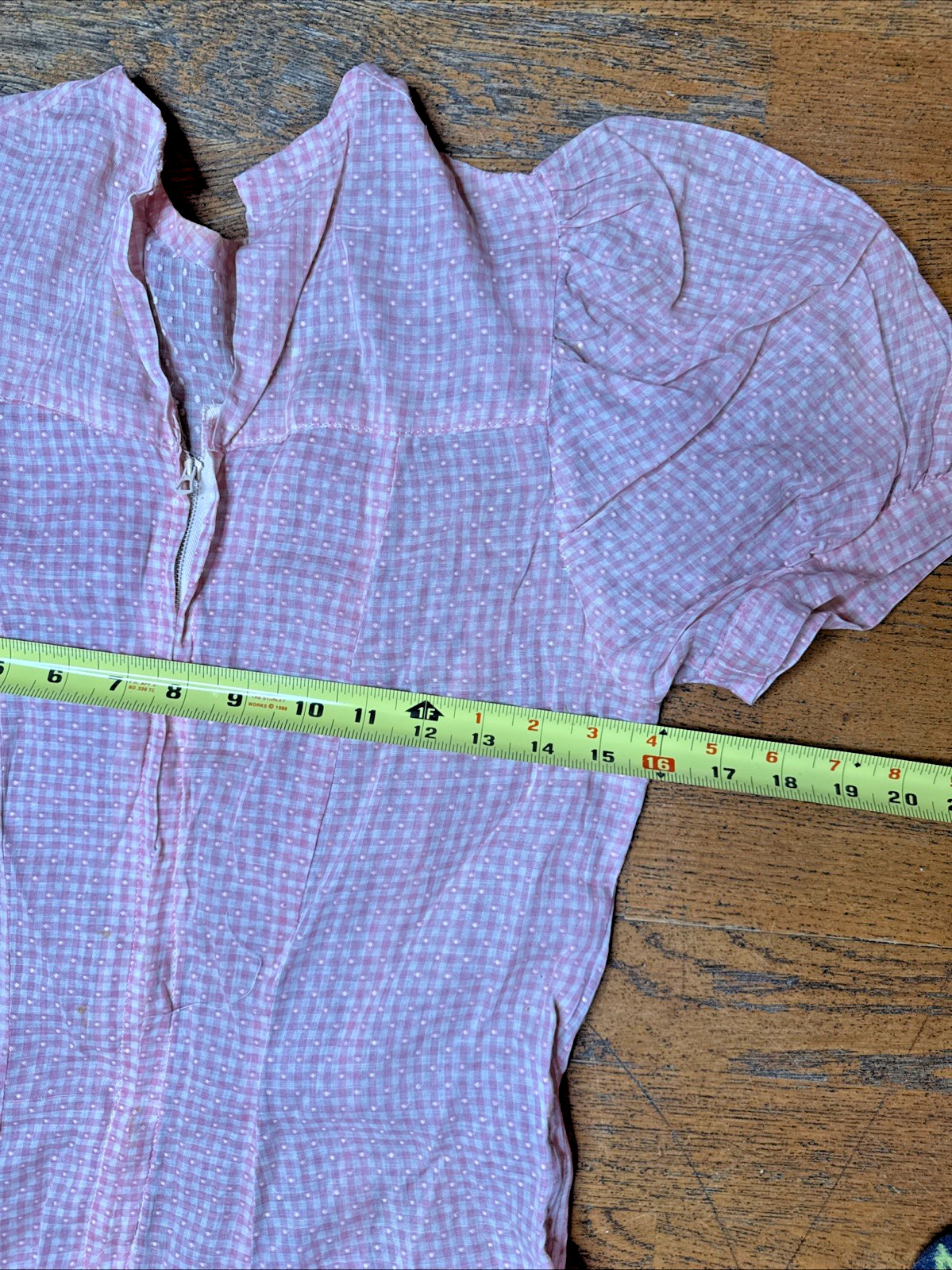 Vtg 1940s Pink Gingham Swiss Dot Day Dress Metal Zipper Puffy Sleeve Wide Sweep