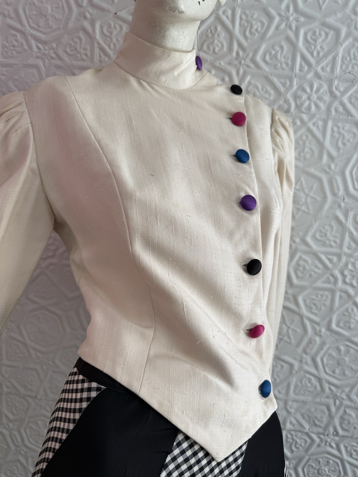 vintage 1980s silk jacket white rainbow designer cropped minimalist tailored S