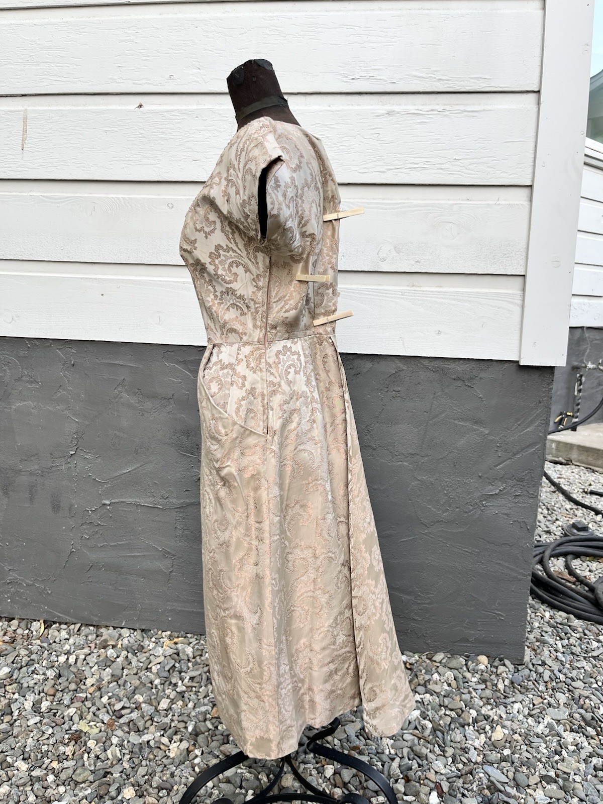 VTG 1950s Brocade Jacquard Rhinestone Cocktail Dress Hollywood Glam 31” Waist