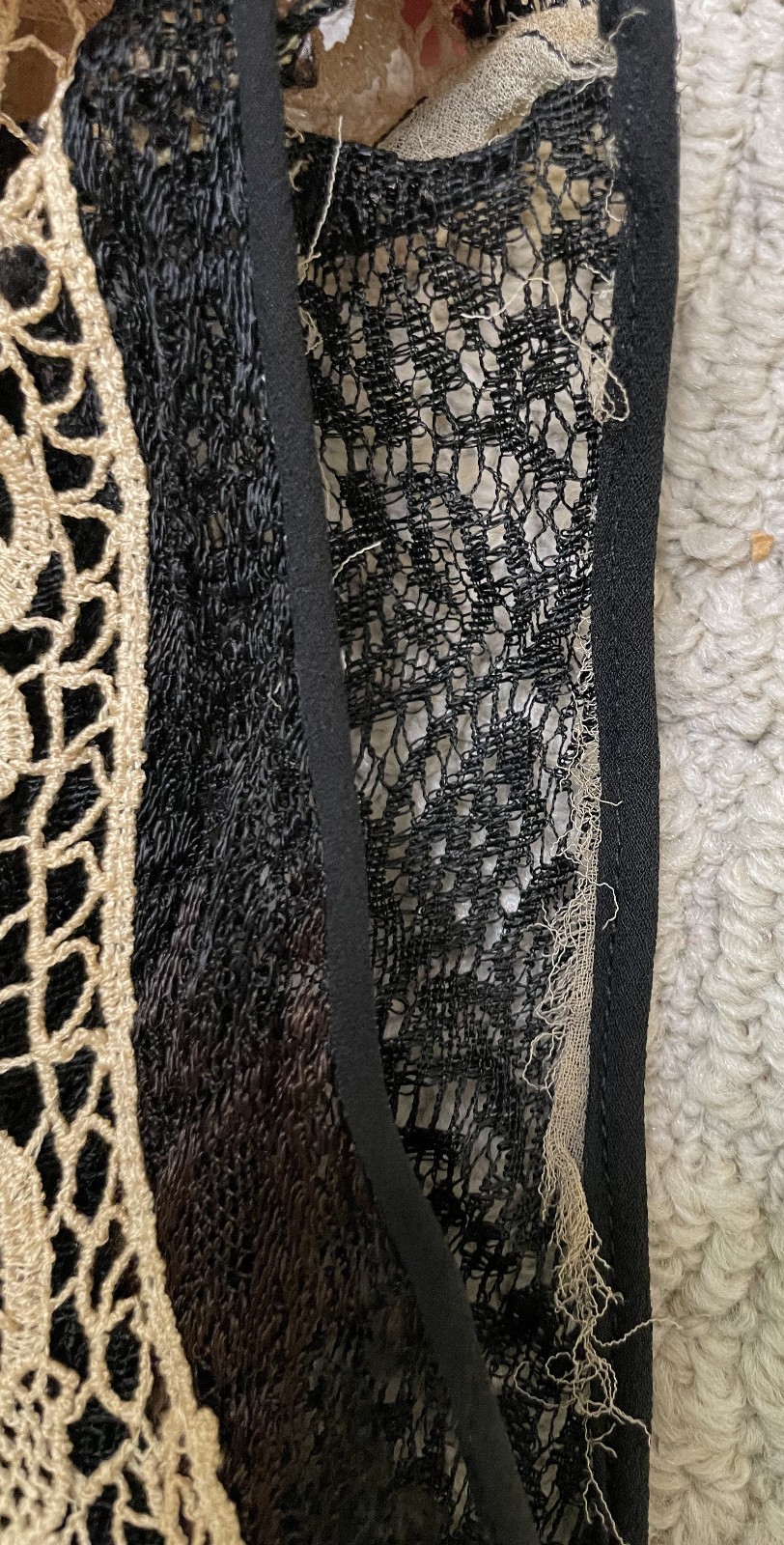 Antique 20s 30s Black Lace Art Deco Dress S M 3-in-1 Sleeveless Midi Fitted