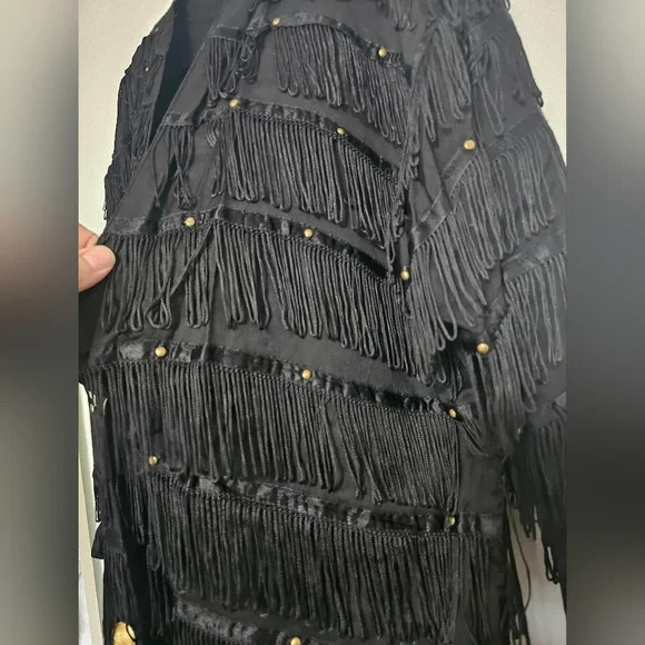 Vintage Black Studded All Over String Fringe Jacket Made in Nepal Size Large