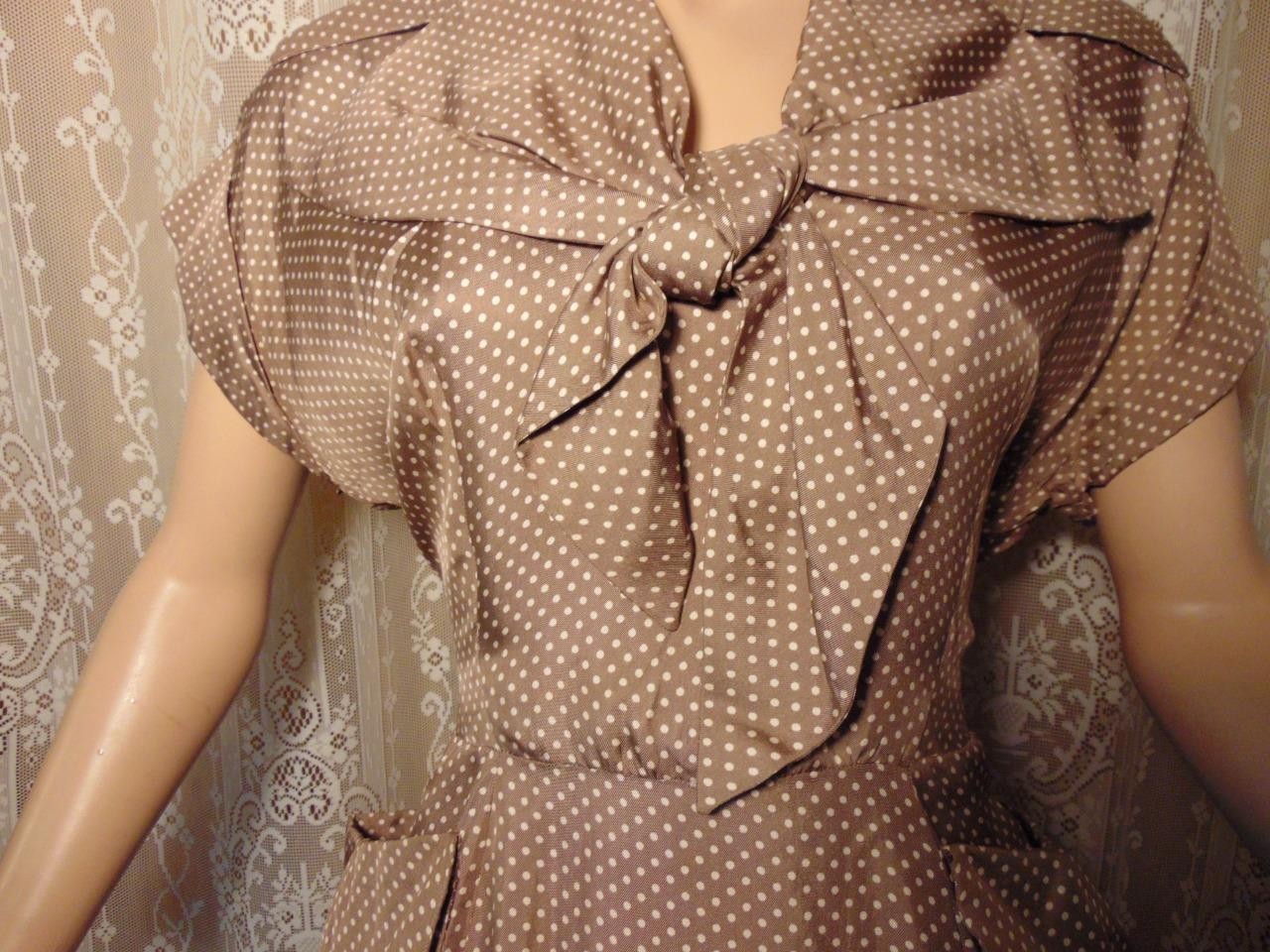 VTG 50s Heim Actualite (Jacques Heim) France Brown Silk Polka Dot Dress 29W