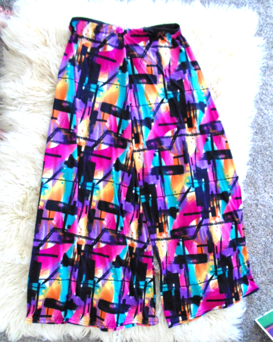 Vtg 70s Mod Psychedelic Neon Palazzo Pants Hi Rise Ultra Wide Slit Leg 32&Prime;w x31&Prime;