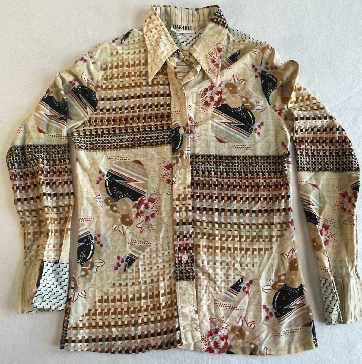 Vintage 70s Mod Geometric Disco Blouse Womens S Button Up Oak Hill