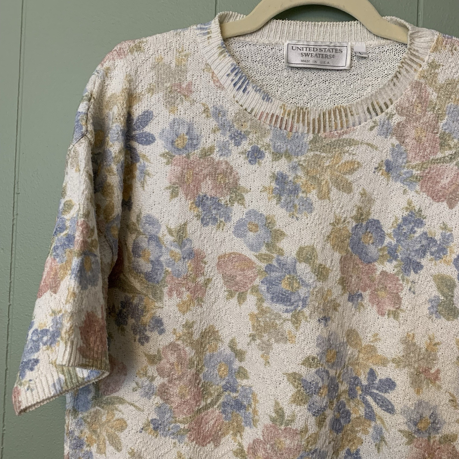 UNITED STATES SWEATERS Womens L Vintage 90s Short Sleeve Floral Grandma Sweater