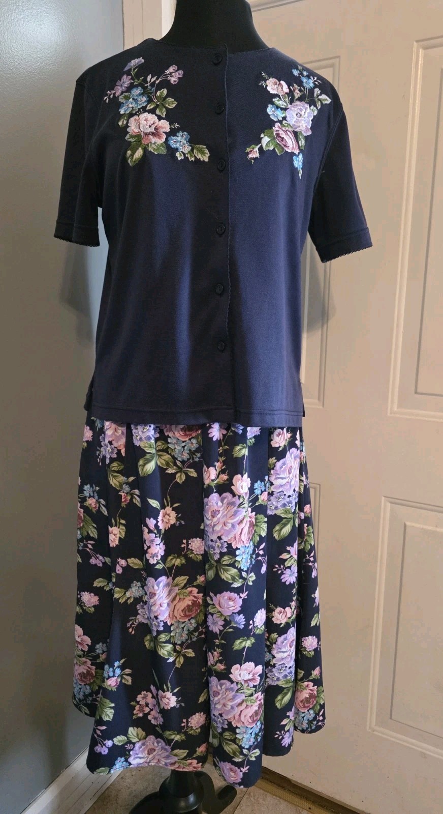 Vtg Bonworth Two Piece Midi Skirt & Cardigan Floral Embroidered PS Cottagecore