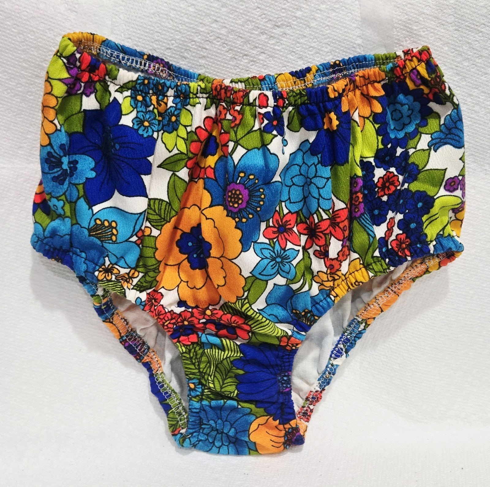 1960s FLOWER POWER Psychedelic High Waist Bikini Bottoms 10&Prime;-15&Prime; Flat Waist