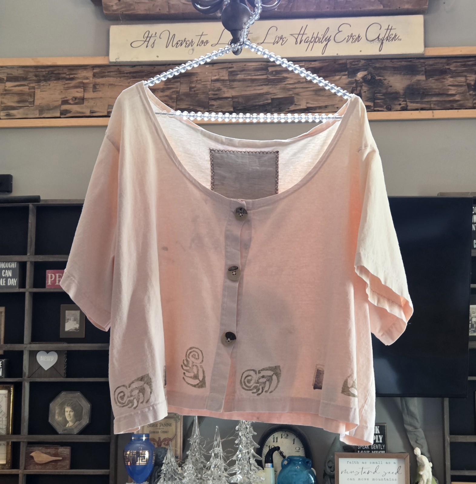VTG BLUE FISH Hand Printed 1993 Short Sleeve Button Up Peach Sorbet Crop Top OS