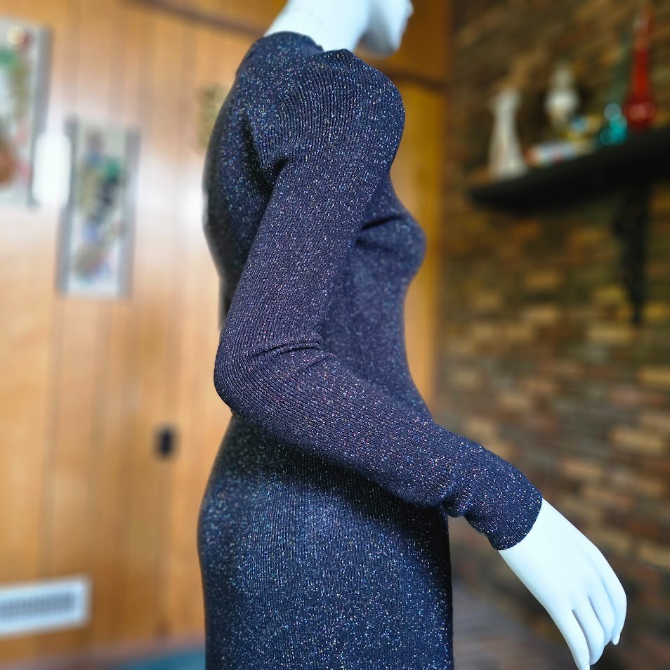 Vtg 80s Rainbow Glitter Goth Starry Night Metallic Knit Midi Party Emo Dress S