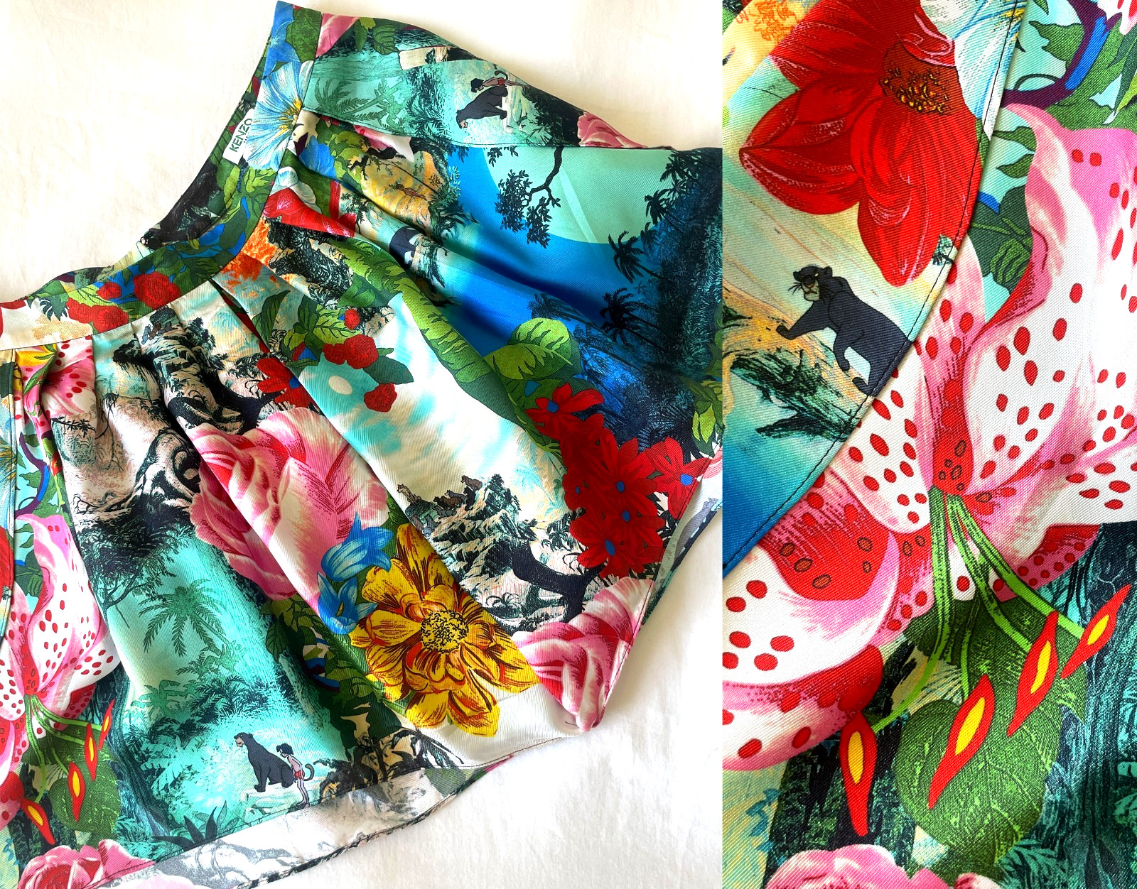 Vtg KENZO Paris Silk « Jungle Book » Print Hot Pants Shorts Size S | M Y2K