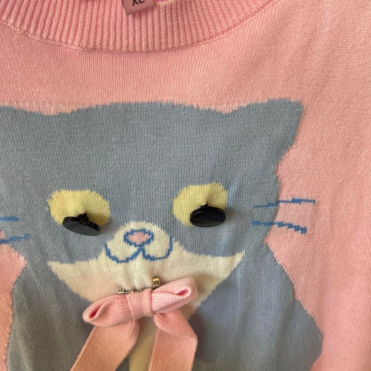 My Violet Pink Cat Knit Sweater Vest XL Blue Kitty Button Eyes Bow Coquette