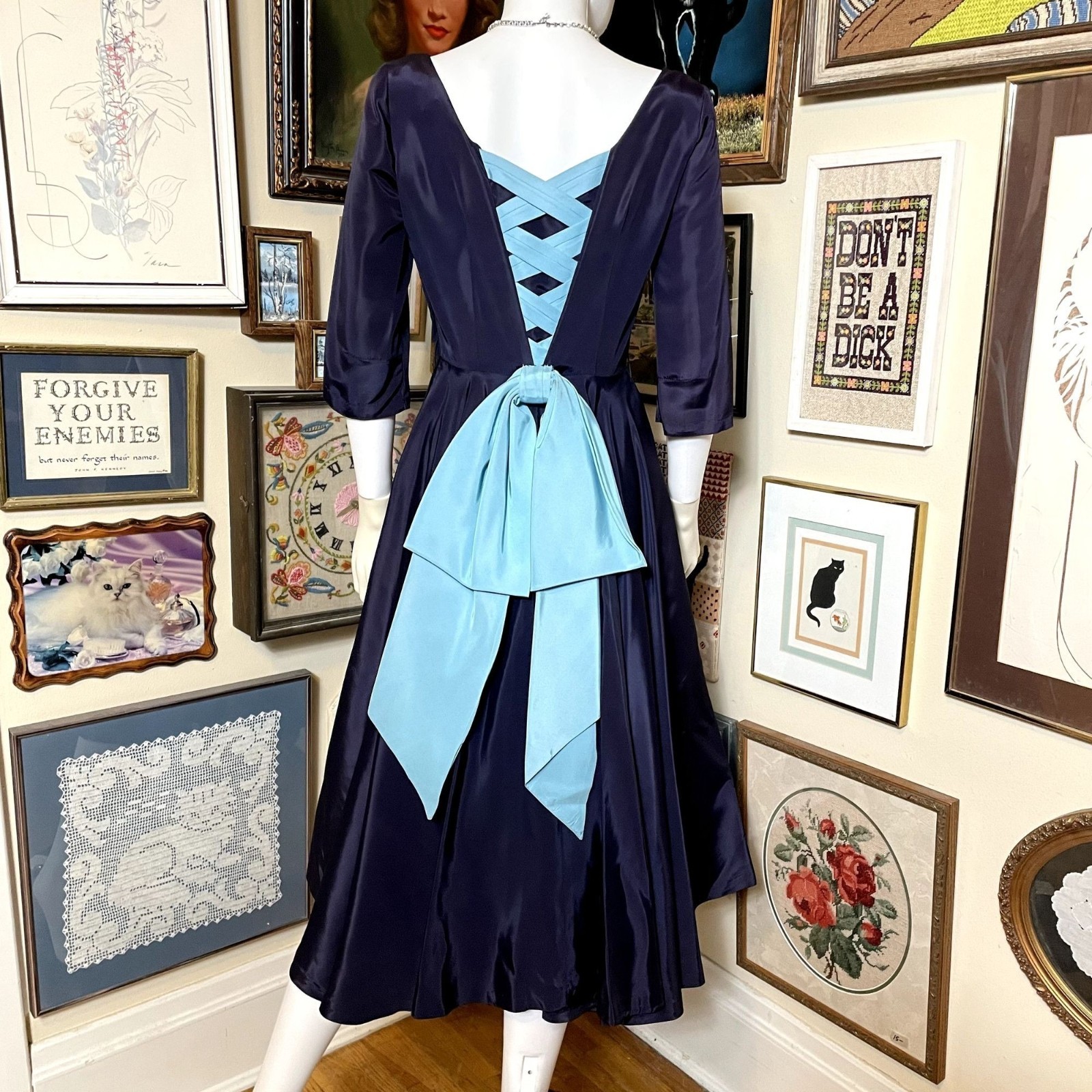 50s Vintage Midnight Blue Faille Scoop Neck Party Dress with Lacing and Butt Bow
