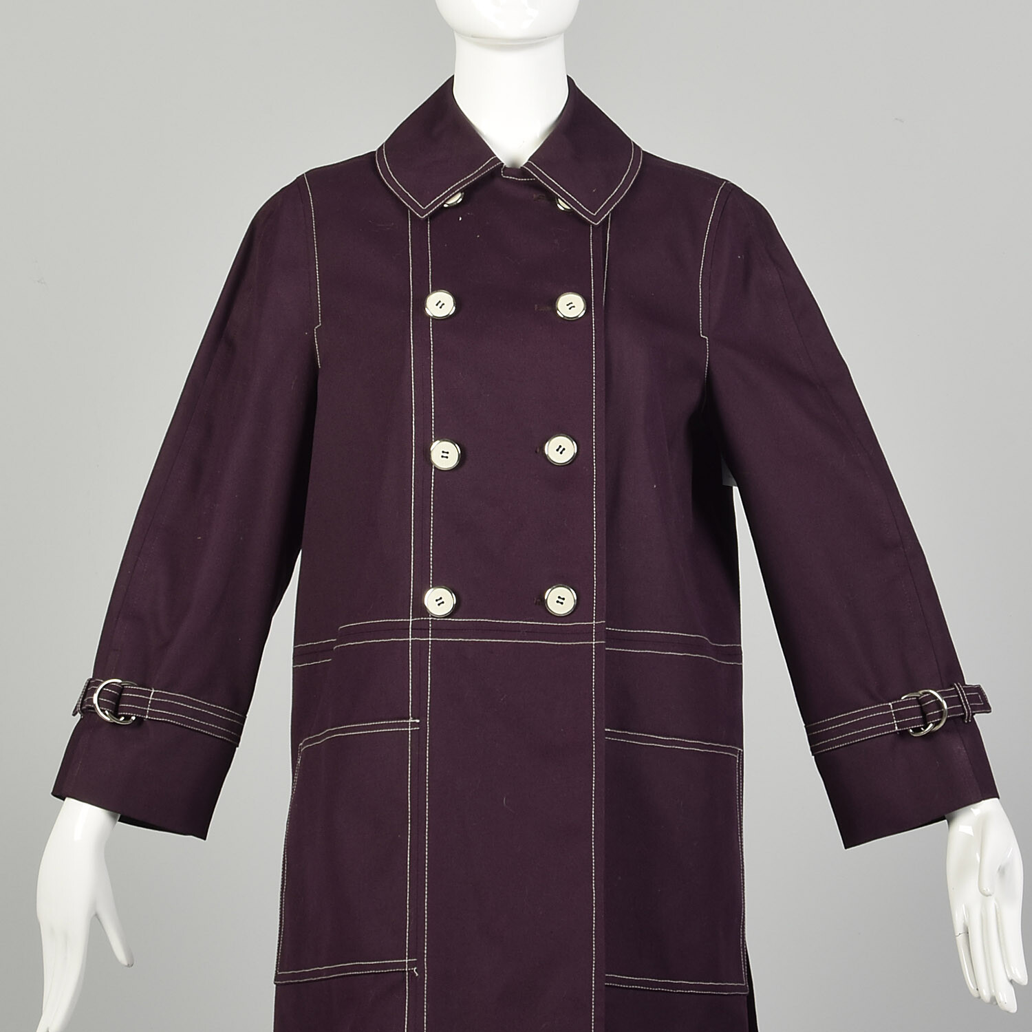 Medium 1960s Coat Plum Aubergine Mod Double Breasted Canvas Autumn VTG 60s
