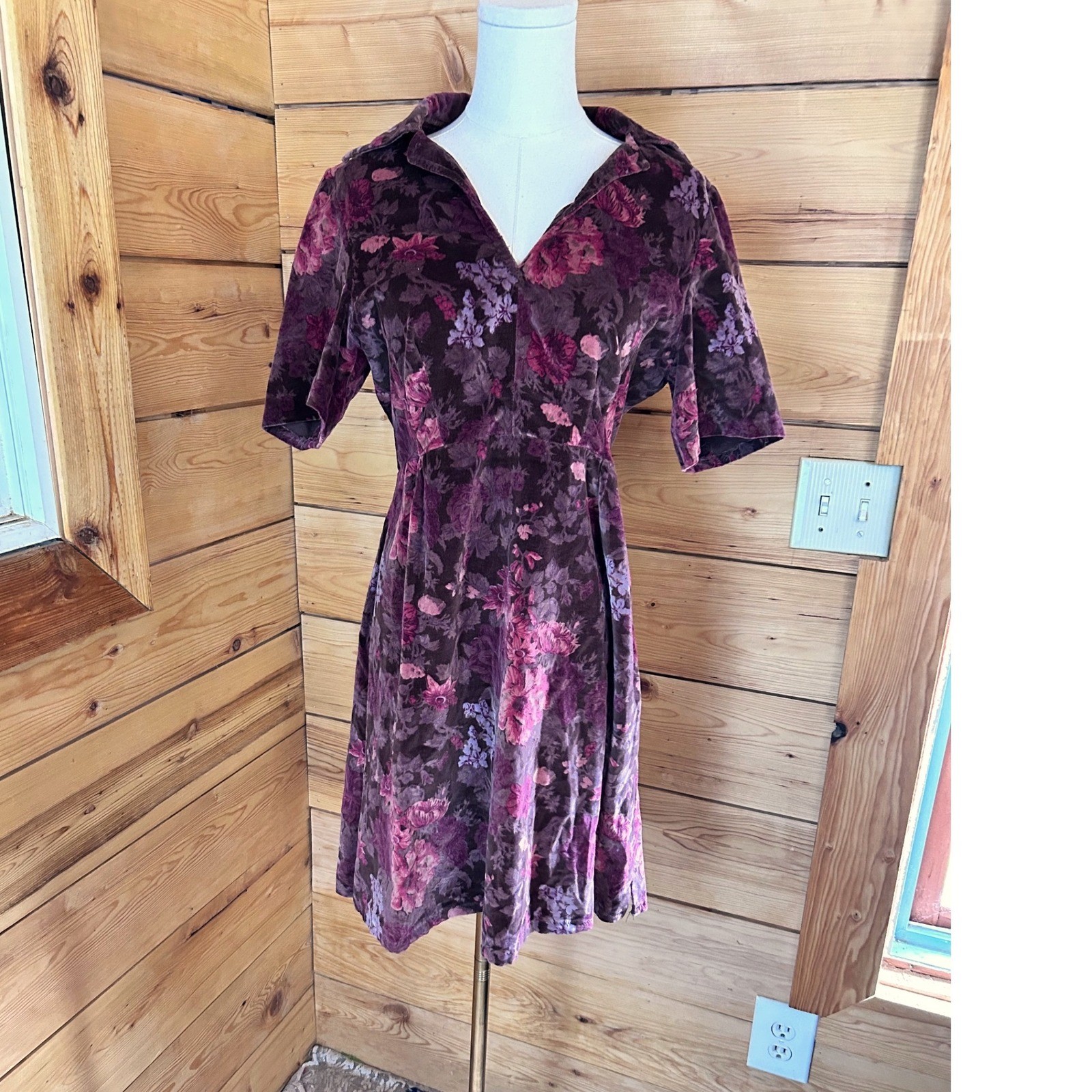 Vintage Thick Velour Floral Midi Dress Womens Large Plum Purple Handmade 70&rsquo;s
