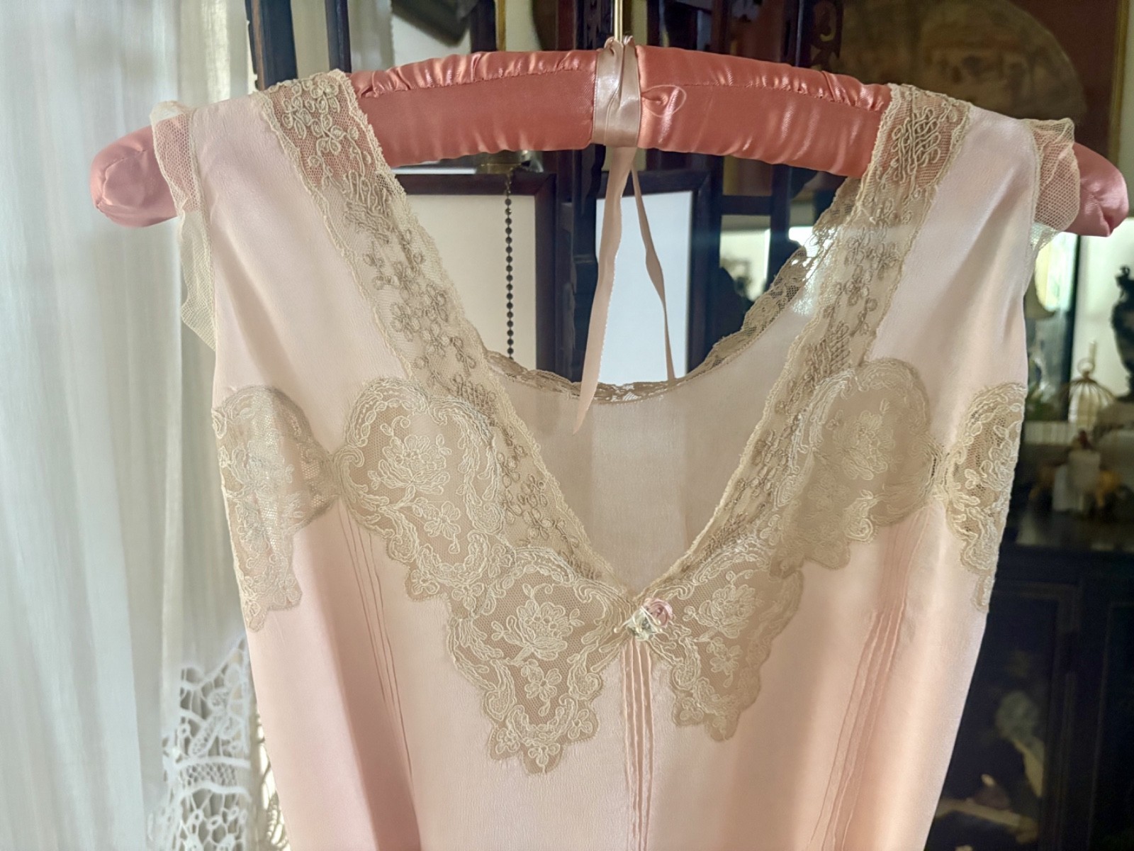 1930s Pink Silk and Lace Maxi Flapper Slip Dress with applique flowers