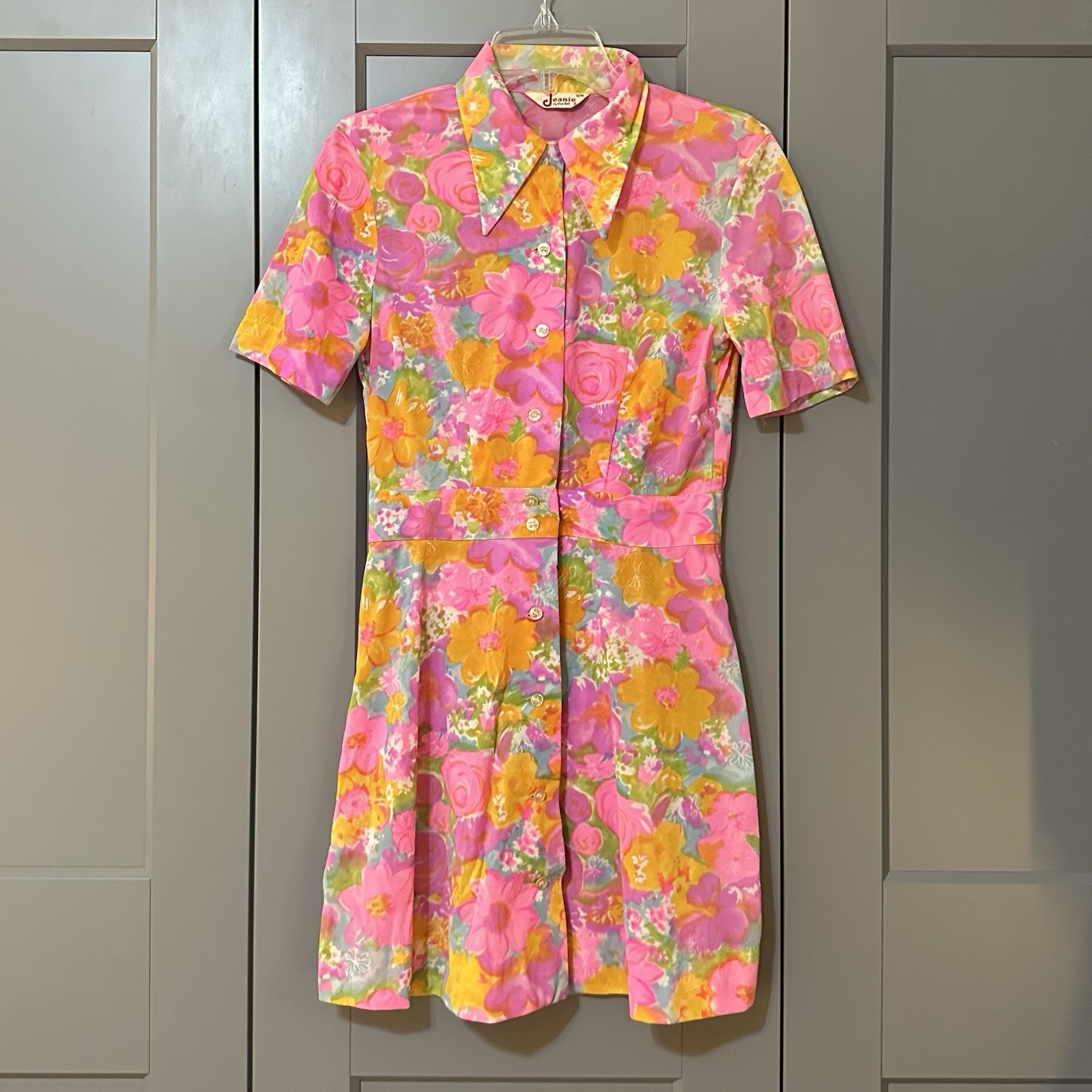 Vintage 1960/70s Jeanie By Blue Bell Psychedelic Mod Floral Mini Dress Sz 13/14