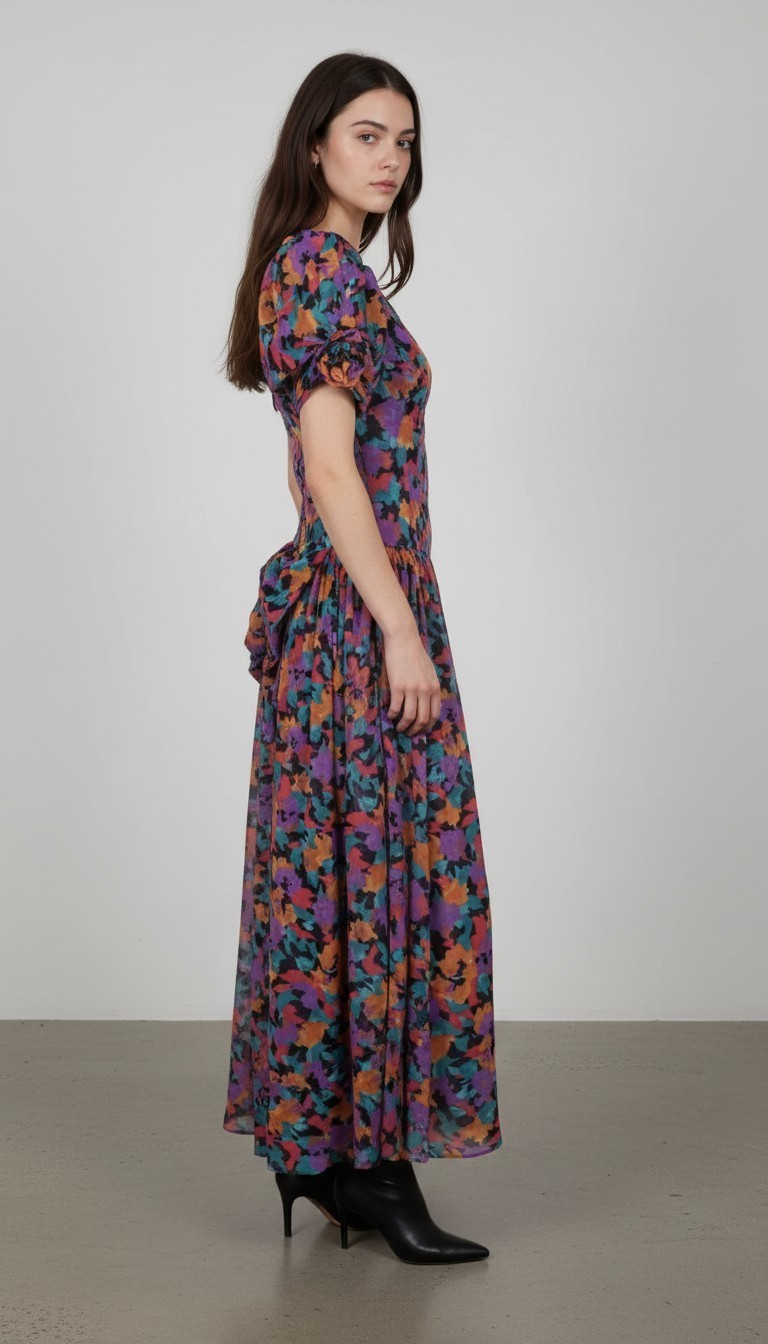 Vintage 80s Maxi Dress Puff Sleeve Bow Floral Avant Garde Runway Prom Gown UK 12