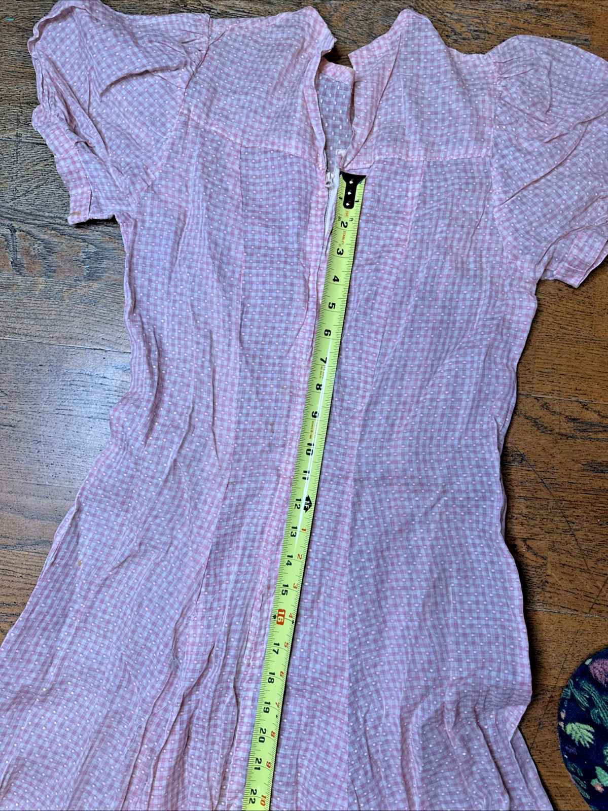 Vtg 1940s Pink Gingham Swiss Dot Day Dress Metal Zipper Puffy Sleeve Wide Sweep
