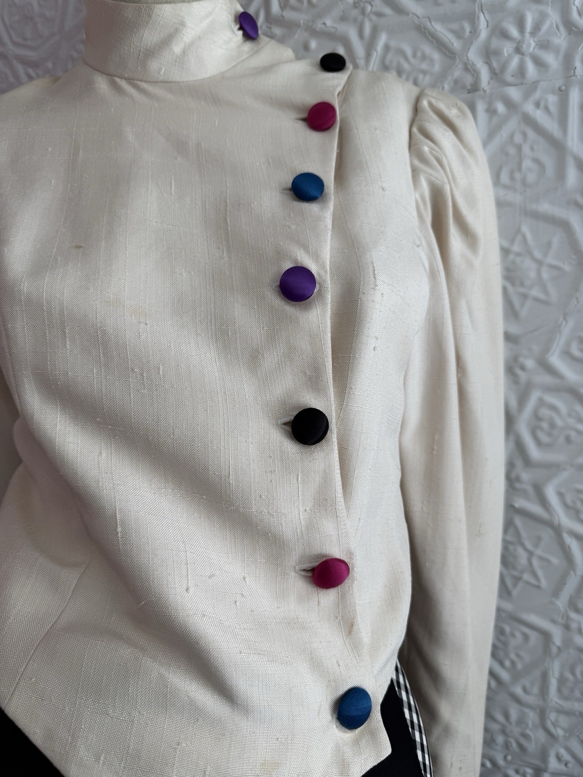 vintage 1980s silk jacket white rainbow designer cropped minimalist tailored S