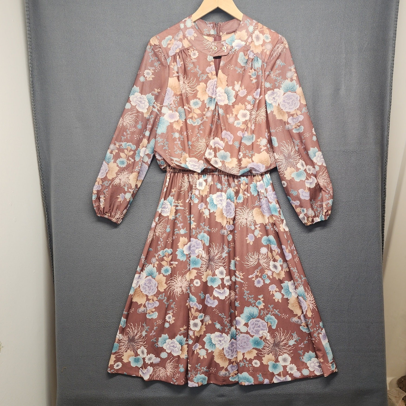 Vintage Womens Dress Brown Floral Blouson Zip Back 80s Midi