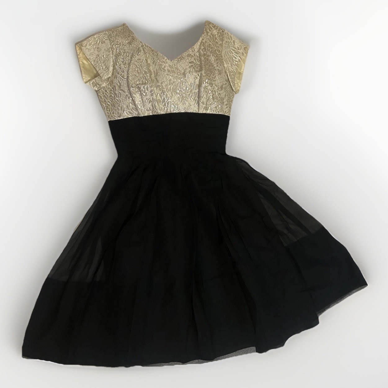 Vintage 1950s Cocktail Dress Silver And Cream Brocade Lame Top Chiffon Skirt