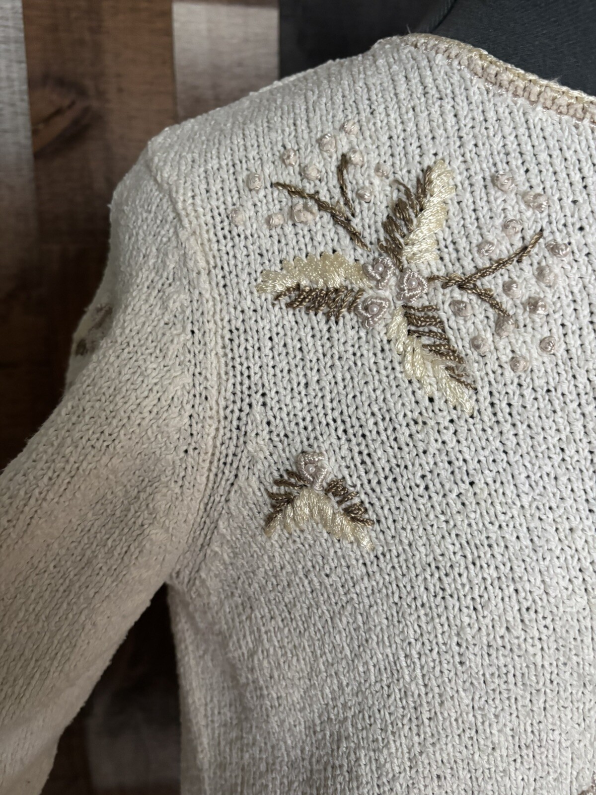 Vintage 90s Talbots Petites Beaded Floral Sweater M Ramie Cotton Beige