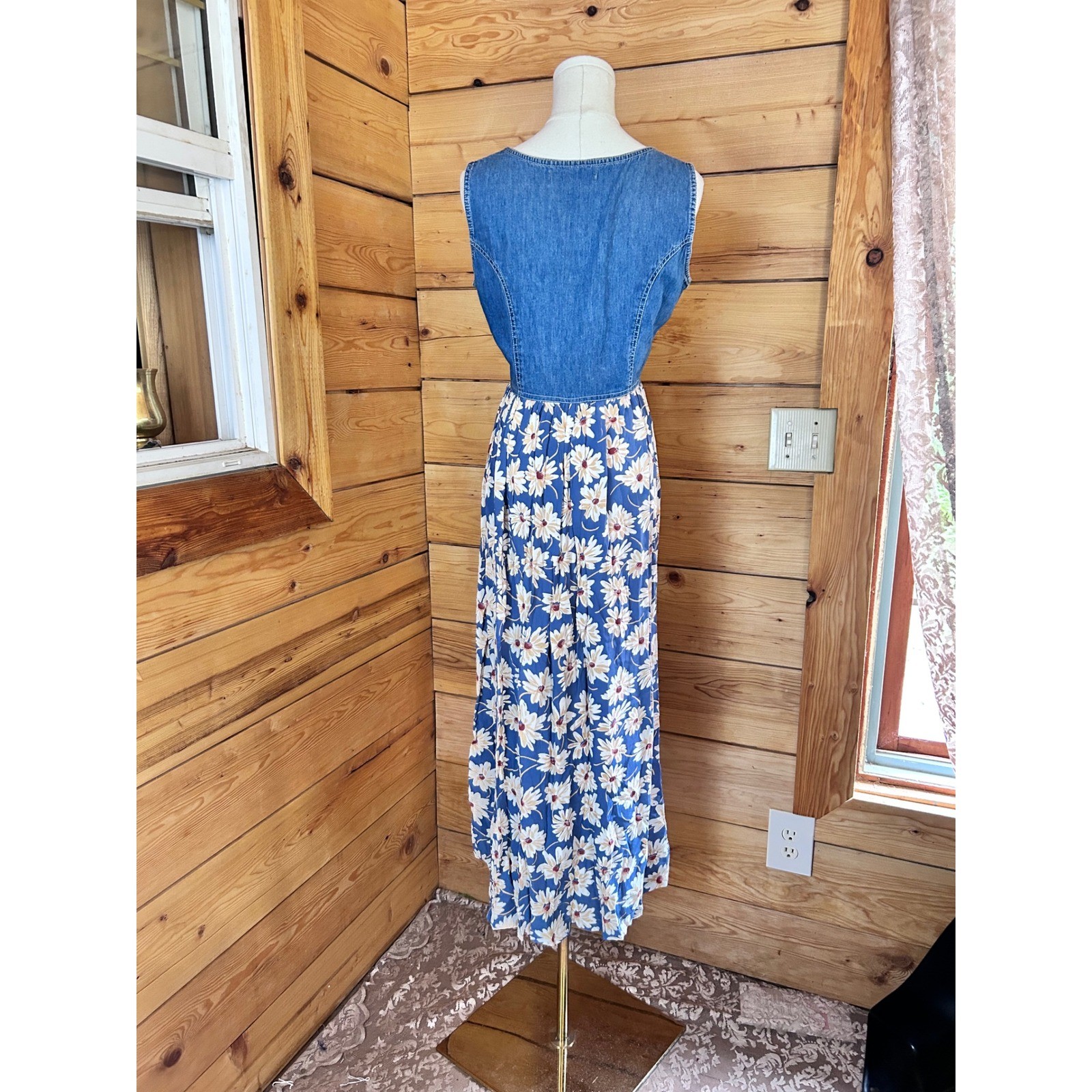 Vintage Denim Daisy Print Maxi Dress Womens Large Blue 90s Grunge Cottagecore