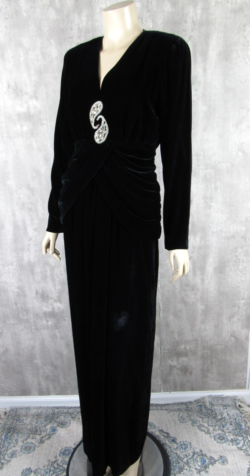 Vintage 80s does 40s Black Velvet Draped Gown Dress Rhinestones Dramatic Med M