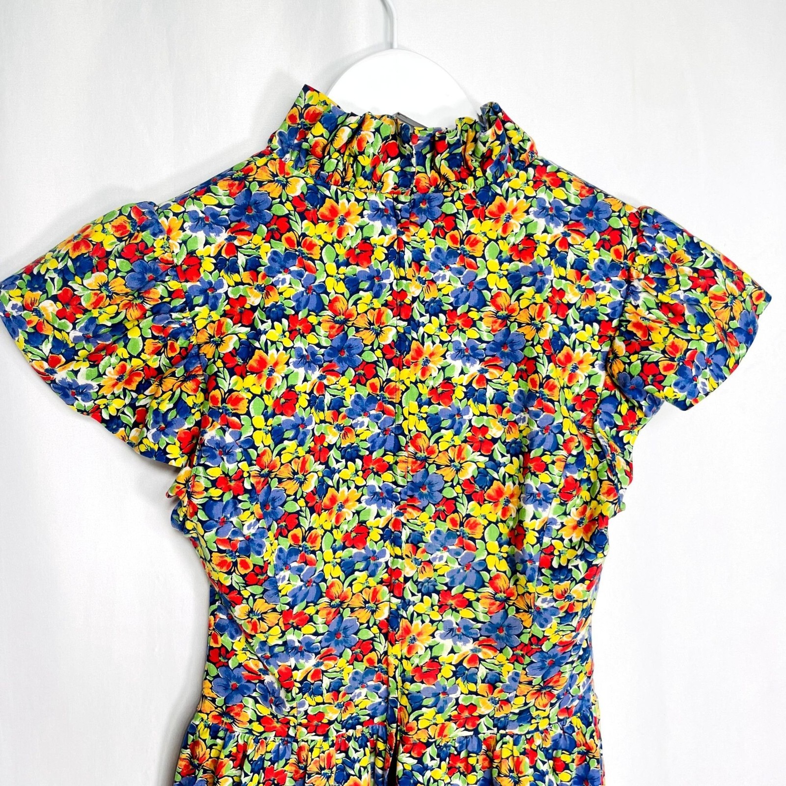 Vintage 80s Womens High Ruffle Neck Collar Flutter Sleeve Floral Dress 2 / XS