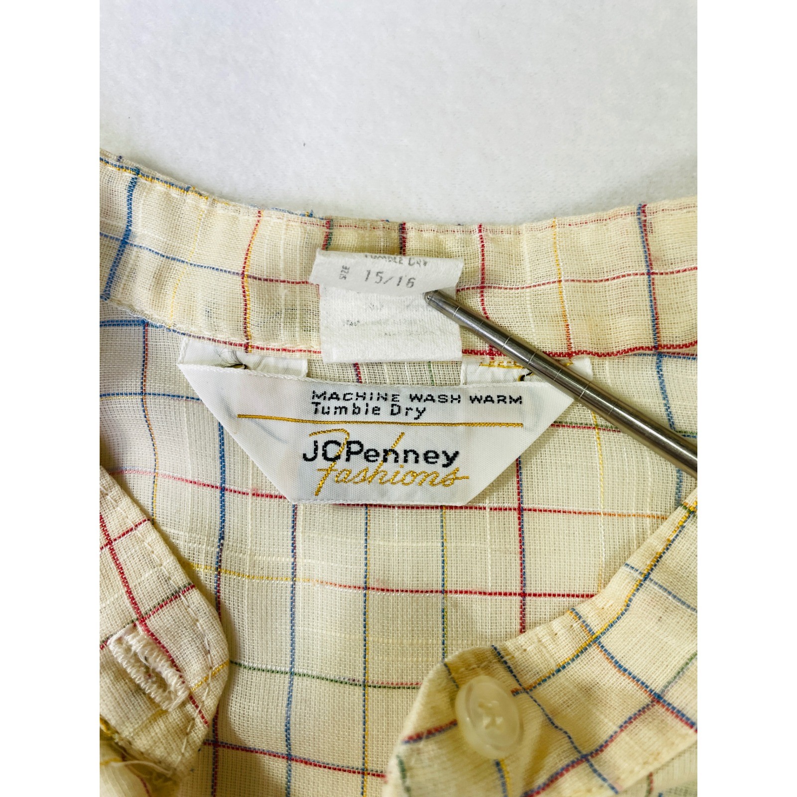 Vintage JCPenney Fashions Plaid Dress Cream Multi Color Cap Sleeve Size 15/16
