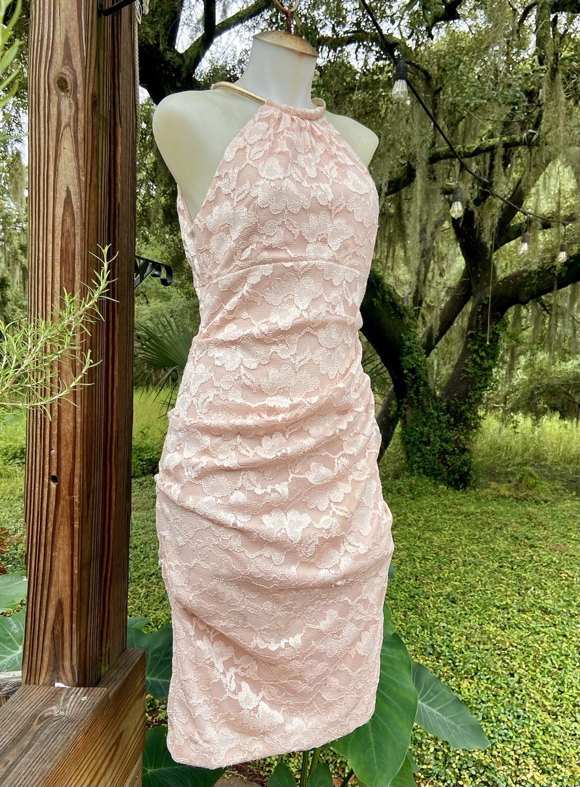 Vintage 90s Y2K CACHE Dress Lace Mesh Bodycon Champaign Sz S 4/6 USA Made Nude