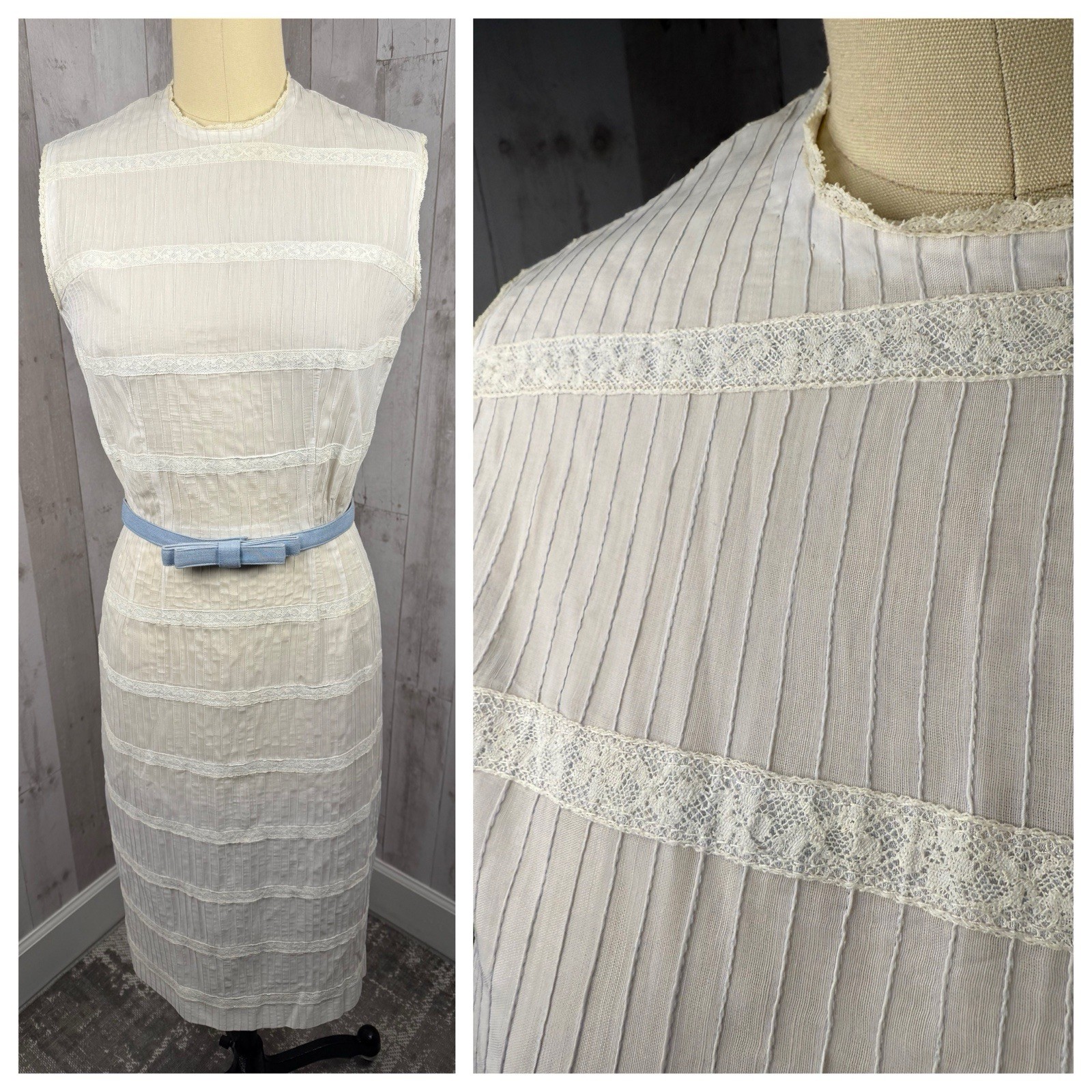 Vintage 1930s – 1940s DRESS White Cotton Day Frock Retro Pintucks Pinup Small