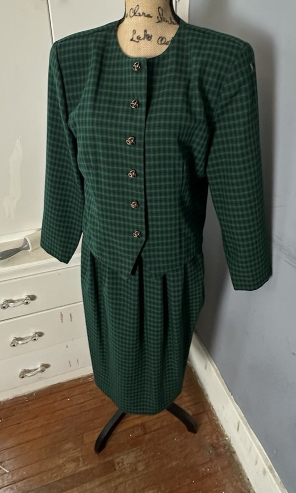 VTG Christy Girl New York Green Plaid Academia Skirt Set Size 12 Career Office