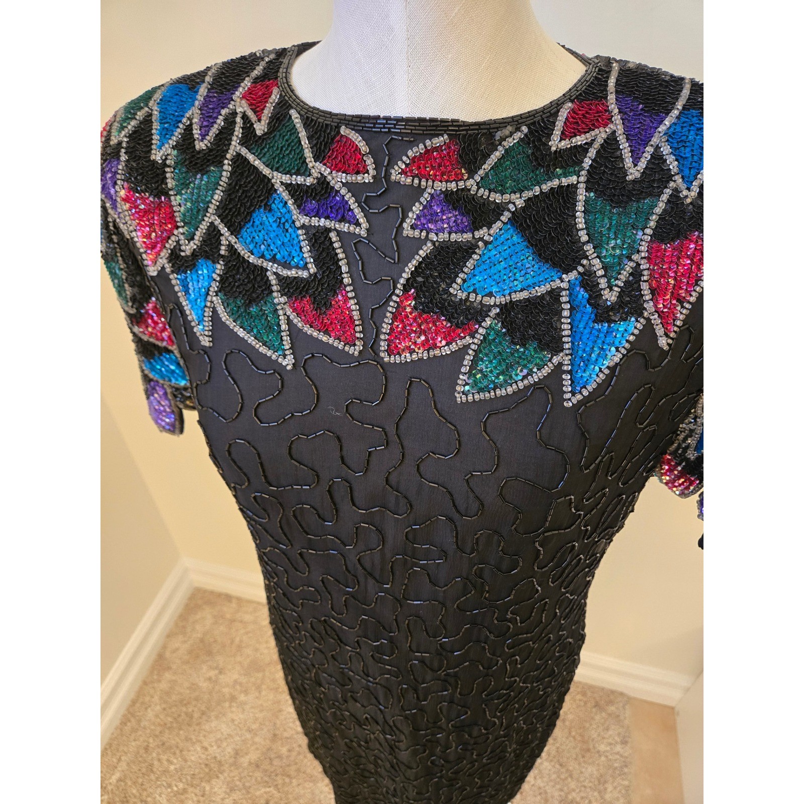 Vintage Silk Sequin Beaded Cocktail Dress Art Deco Sleeve Open Back Midi