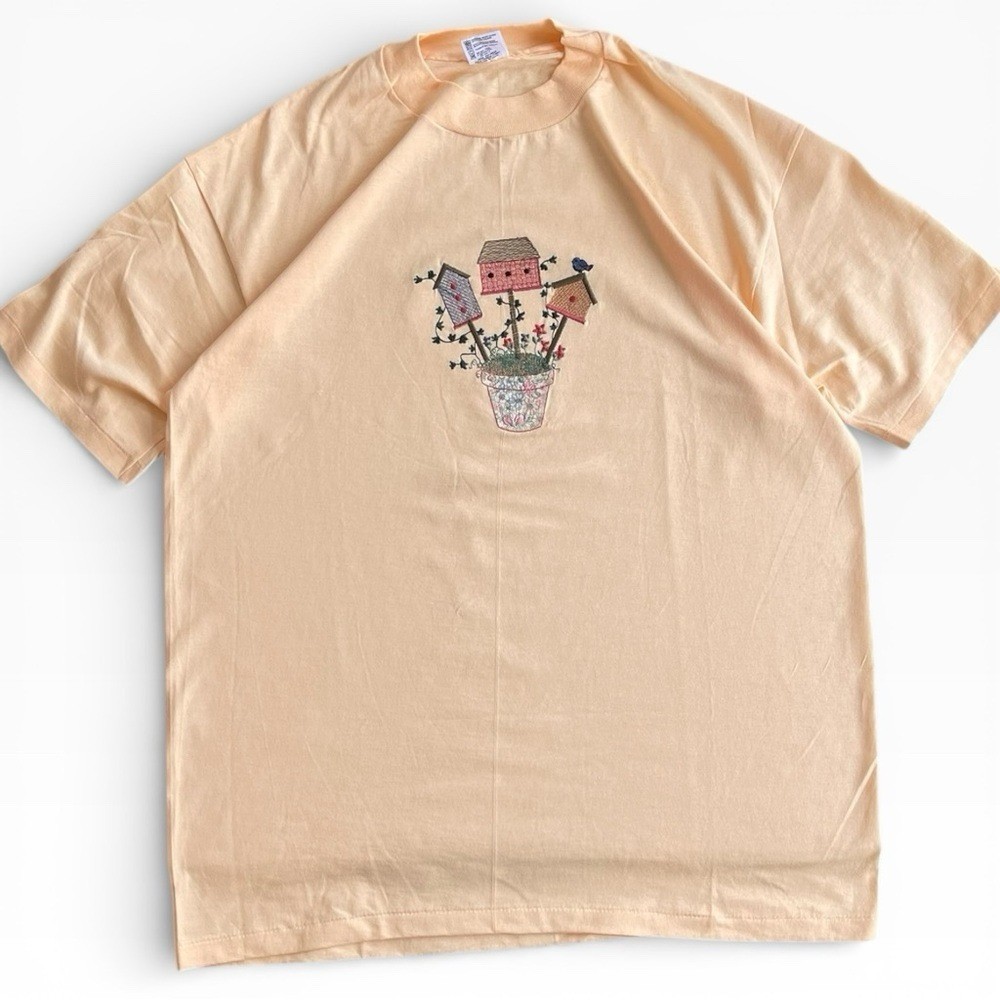 Vintage Anvil Pastel Orange Cotton Embroidered Cardinals Birds Tee T-Shirt