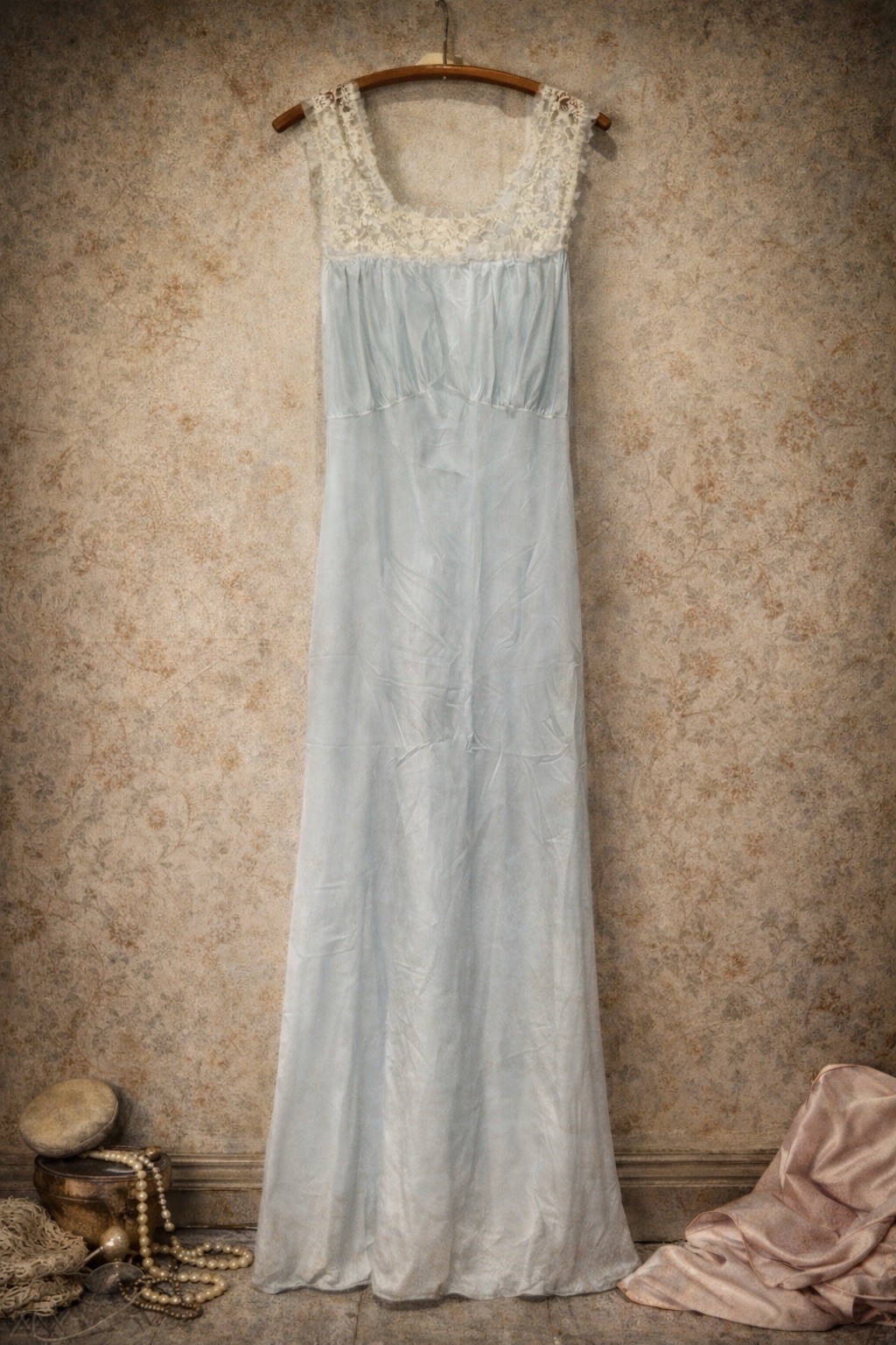 Sheer Light Blue & Lace Long Nylon Nightgown 1950s-60s Edwards Lingerie Size 32