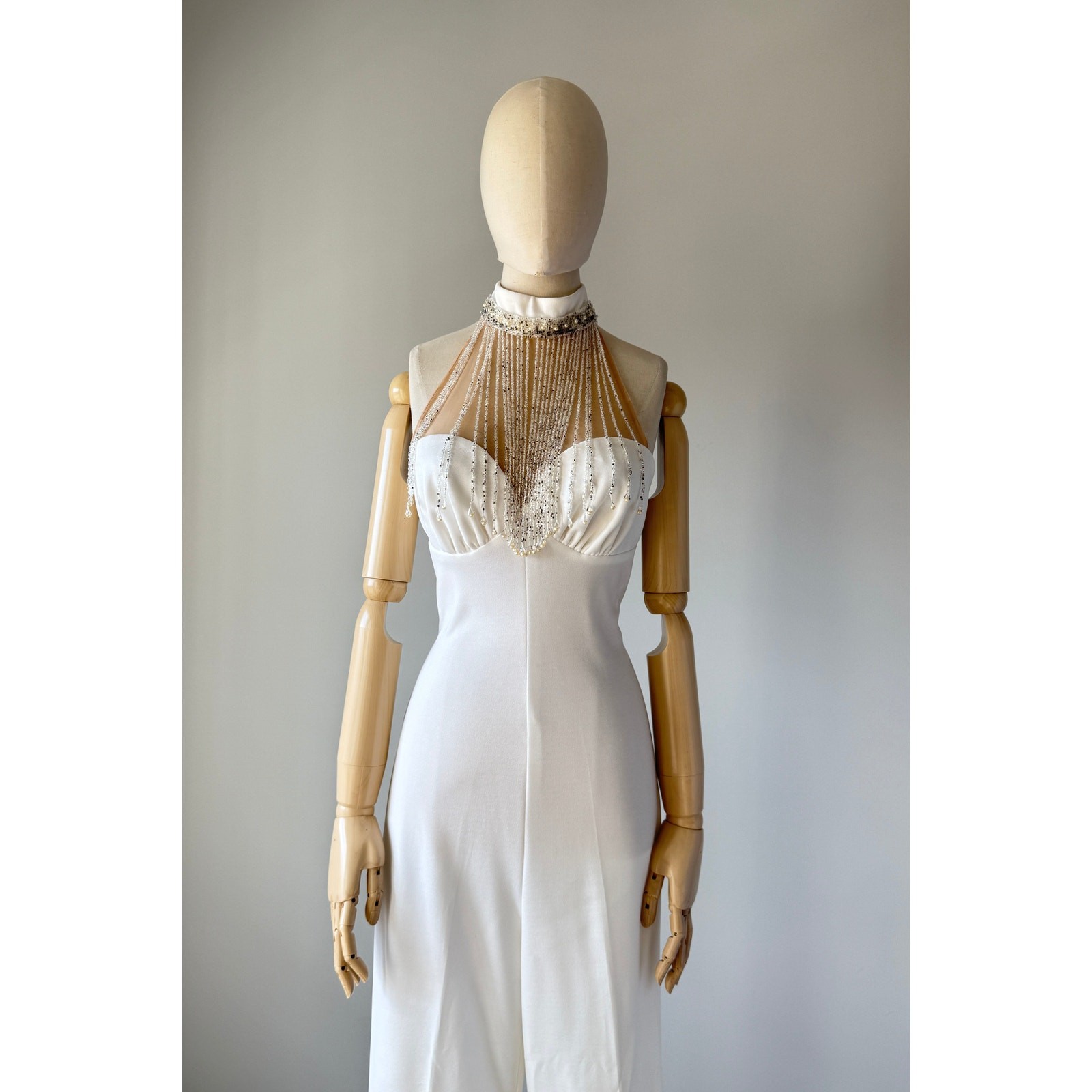 Vintage 1970s White Beaded Frederick&rsquo;s of Hollywood Halter Bridal Jumpsuit SMALL