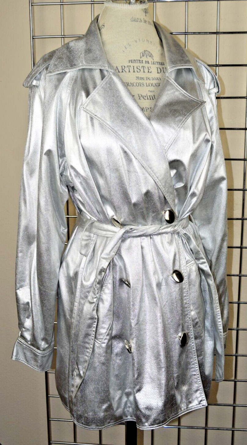 Vintage Trench Coat NR1 Size XL 80s Silver Belted Big Buttons Lined Made USA