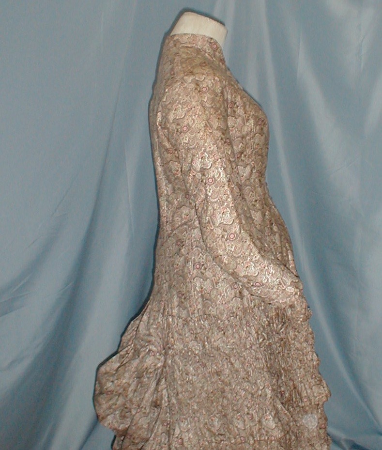 Charming Antique Bustle Dress Victorian 1880 Beige Printed Cotton