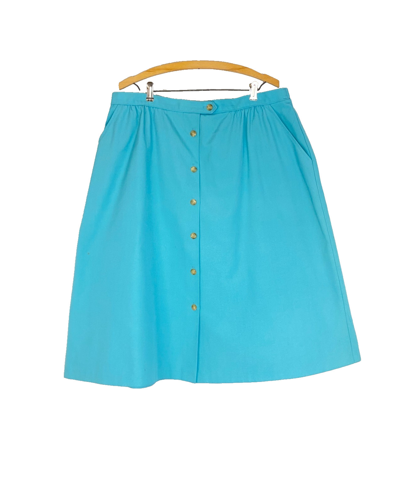 Vintage 1970s turquoise midi skirt XXL A-line blue button front knee plus size
