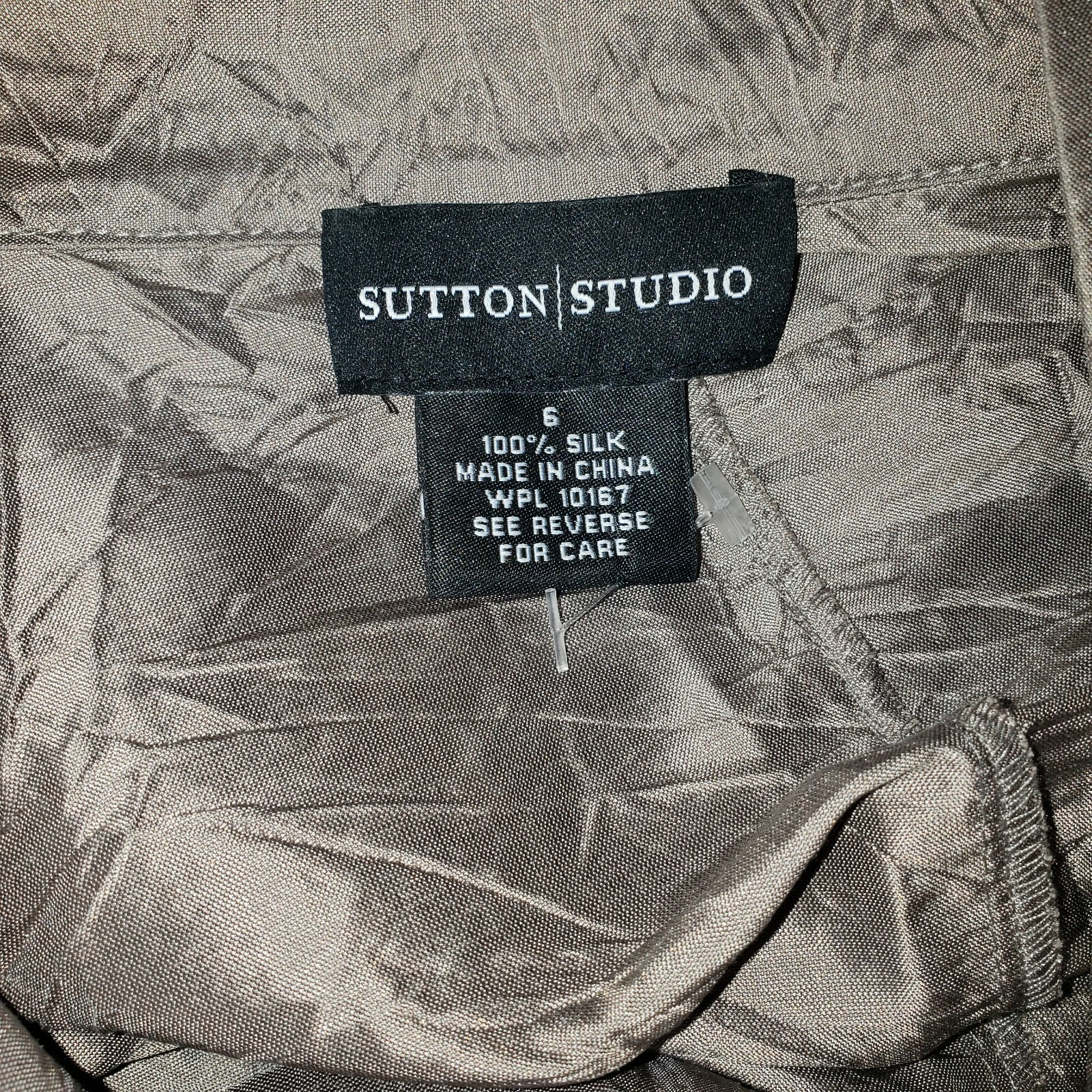 Sutton Studio Crushed Metallic Silk Taffeta Taupe Silver Tunic Blouse Shirt Sz M
