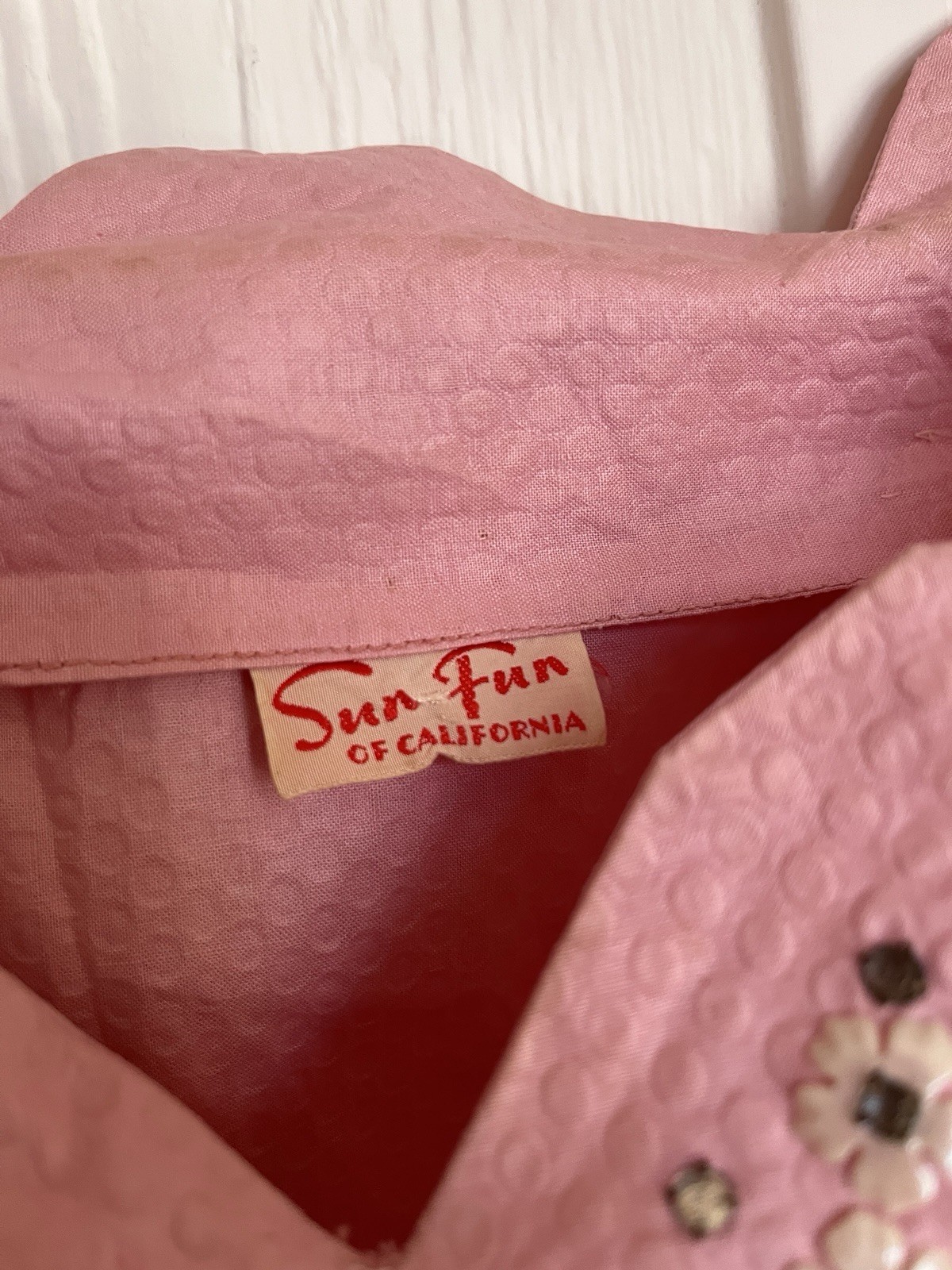 Orig 50s Pinup Dress Pink Cotton Rhinestone Swing Skirt Sun Fun California SM