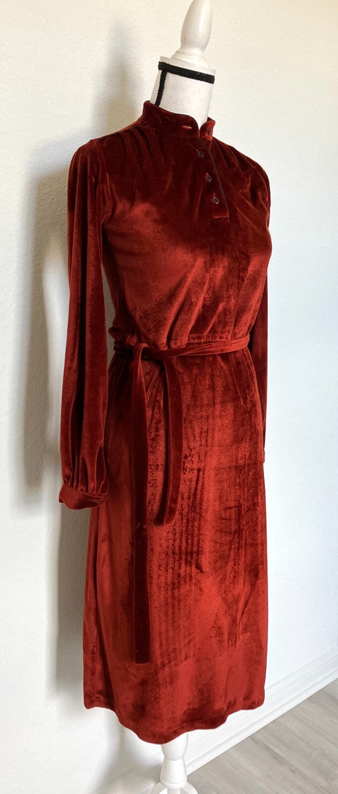 1970s Copper Velour Belted Dress, Vtg Rust Orange Dress with Belt