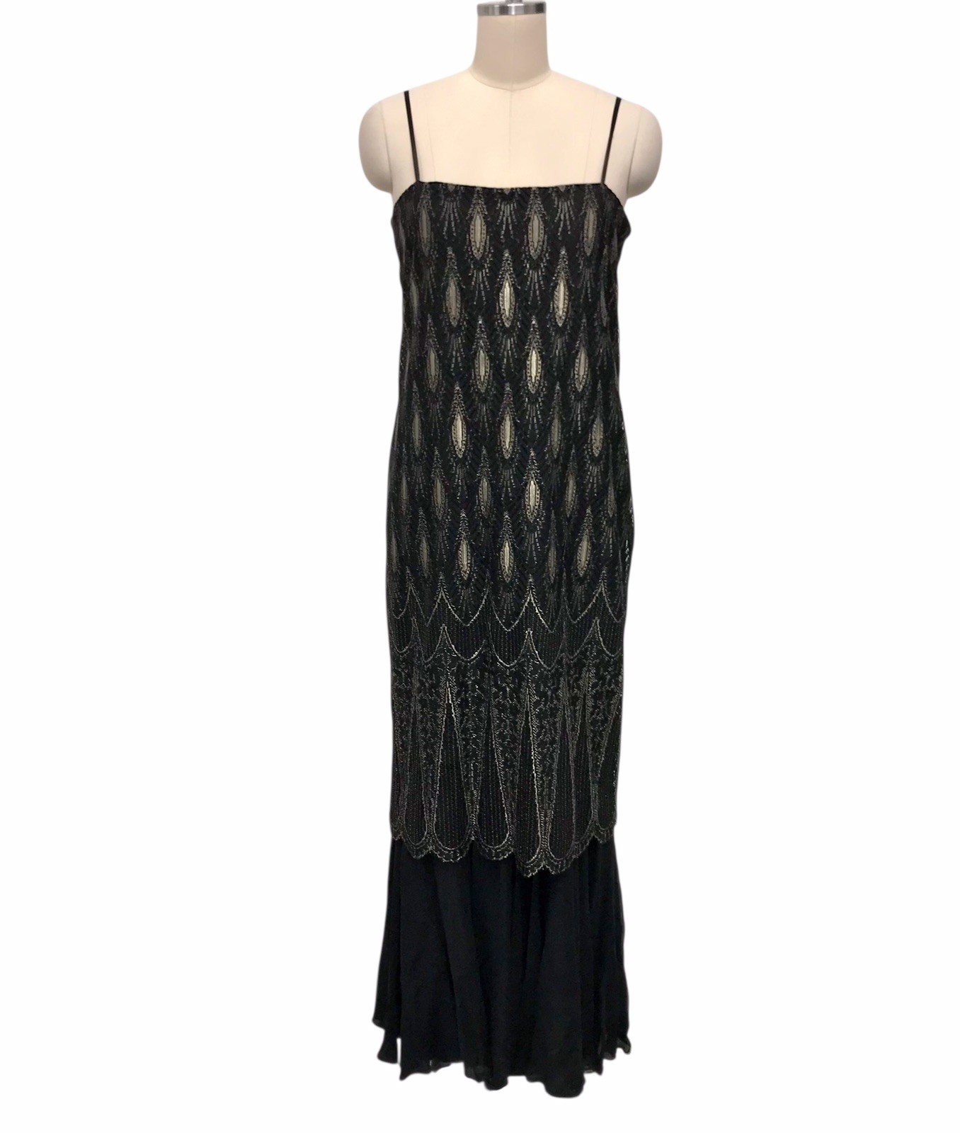 VTG 100% Silk Maxi Flapper Dress Black Gold Embroidery Gatsby Hong Kong Sz 10