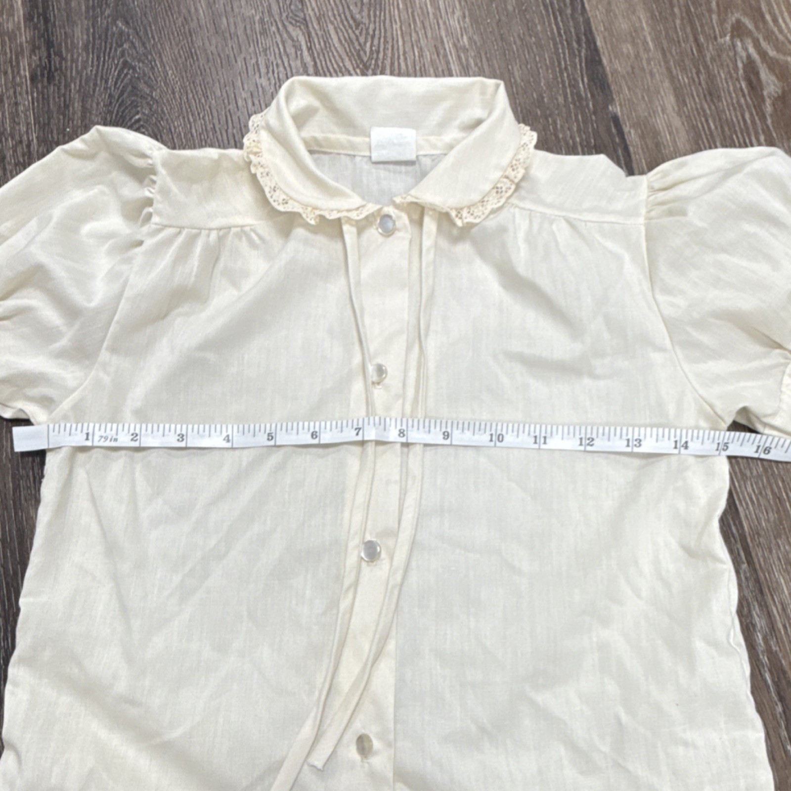 Vintage Ivory Button-Front Blouse Puff Sleeves Lace Collar, Chest 34inches